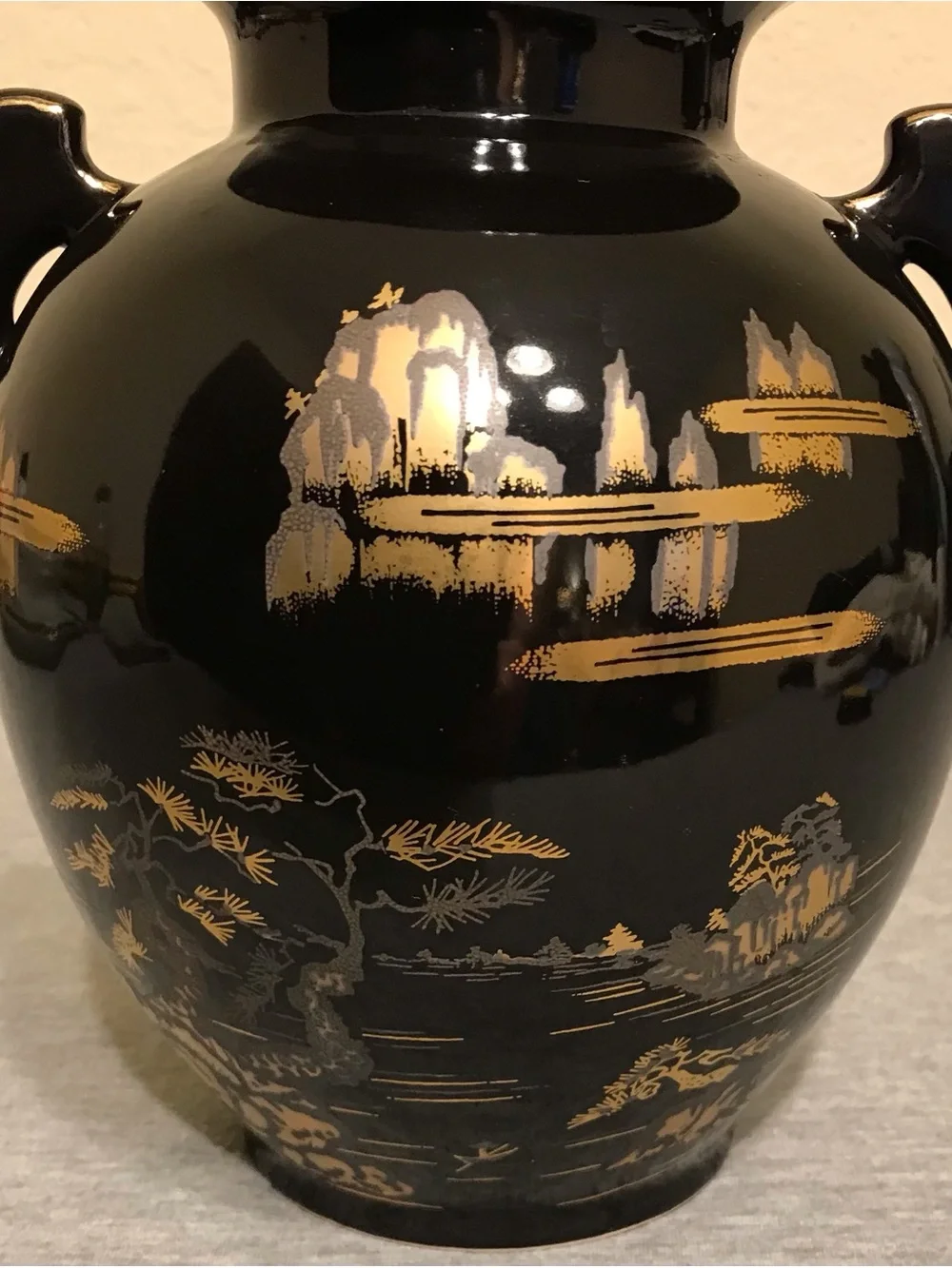 Vintage Japanese Black Lacquer Vase 8.5” Double Handle Vase Decor Made in Japan
